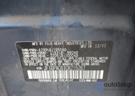 2012 Subaru Impreza 2.0I Premium z USA, uszkodzony, nr VIN JF1GPAC61CH215267